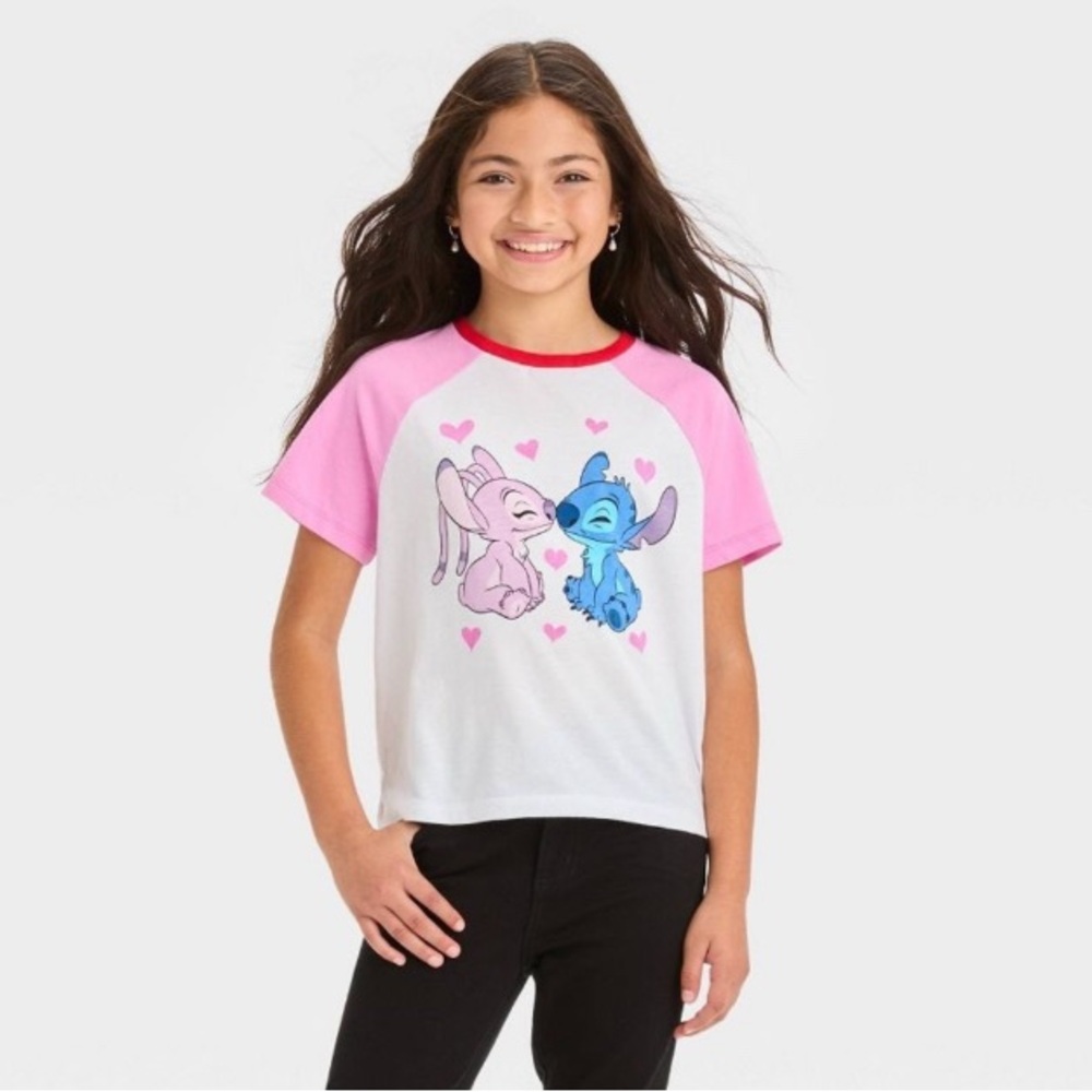 Disney XS, S, XL, Girls Stitch Raglan Graphic T-Shirt - White/Pink NWT